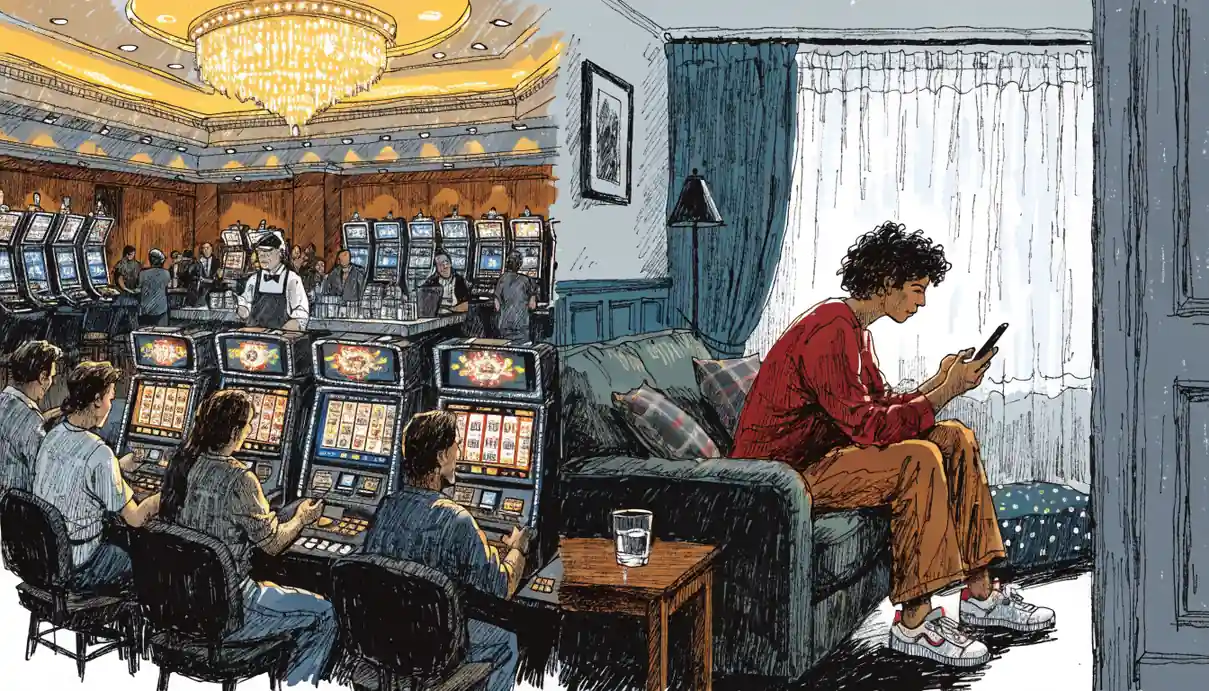 Stadium billboard contrasting sports betting and casino slot