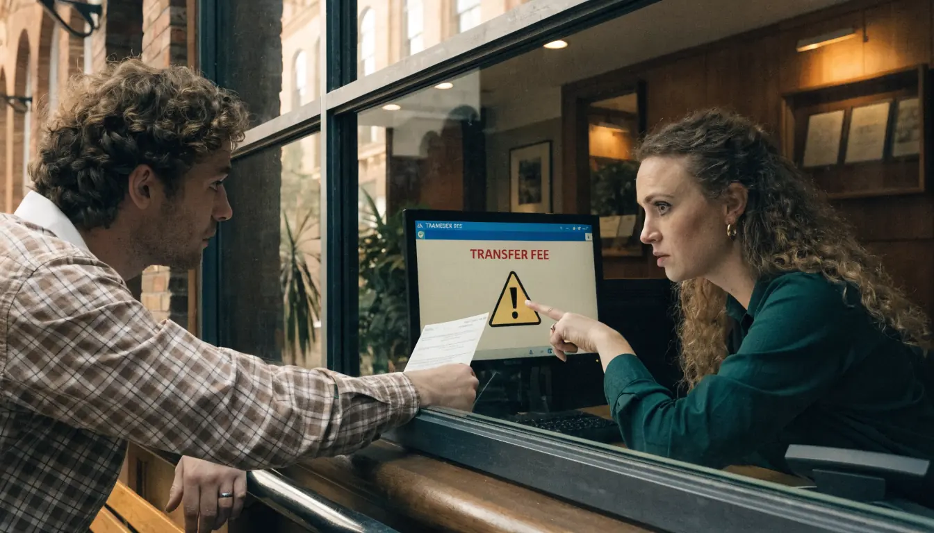 Bank teller showing transfer fee warning to customer