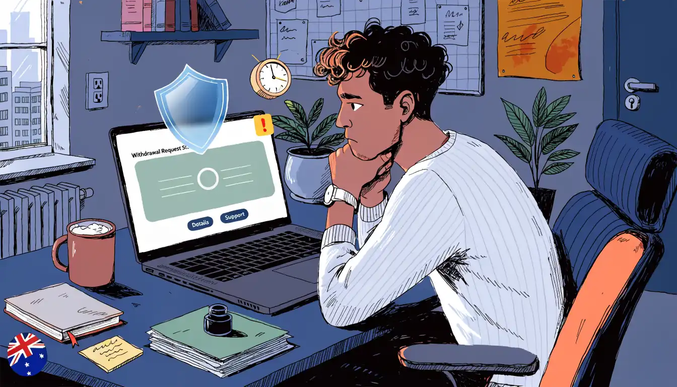 User awaiting security‑checked withdrawal on laptop, clock visible.