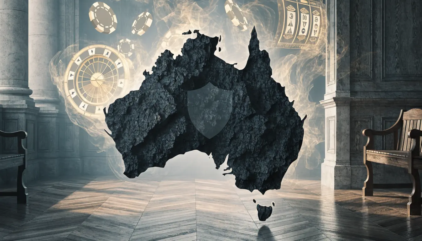 Illustration of regulatory shield over Australian map with casino symbols