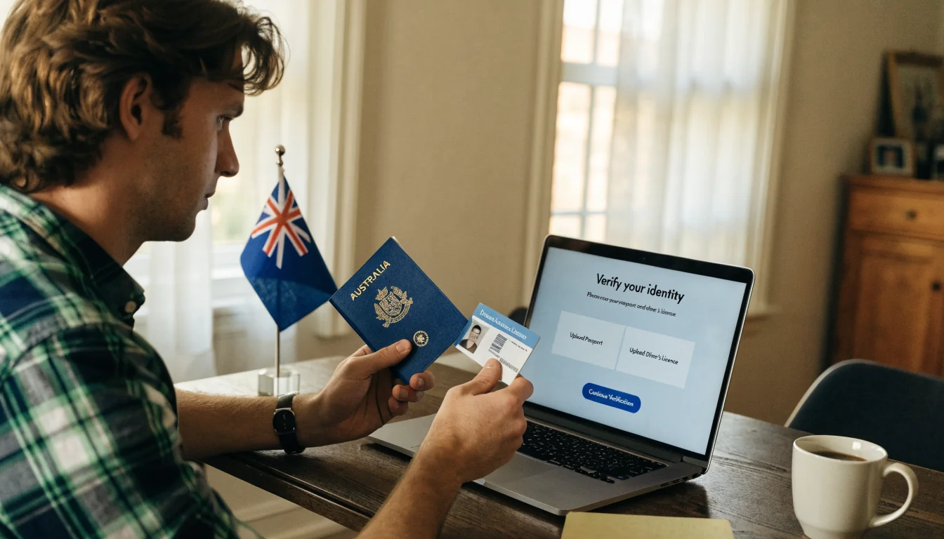 Australian player verifying ID with passport and laptop
