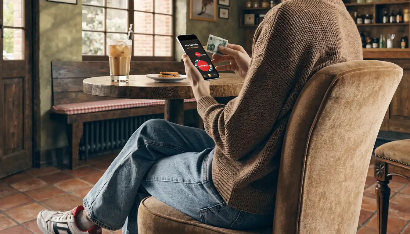 Person in café holding $5 and phone with casino promo