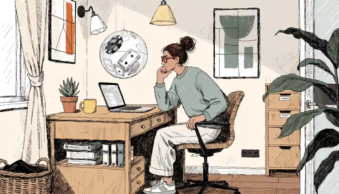 Home office with floating globe of casino symbols