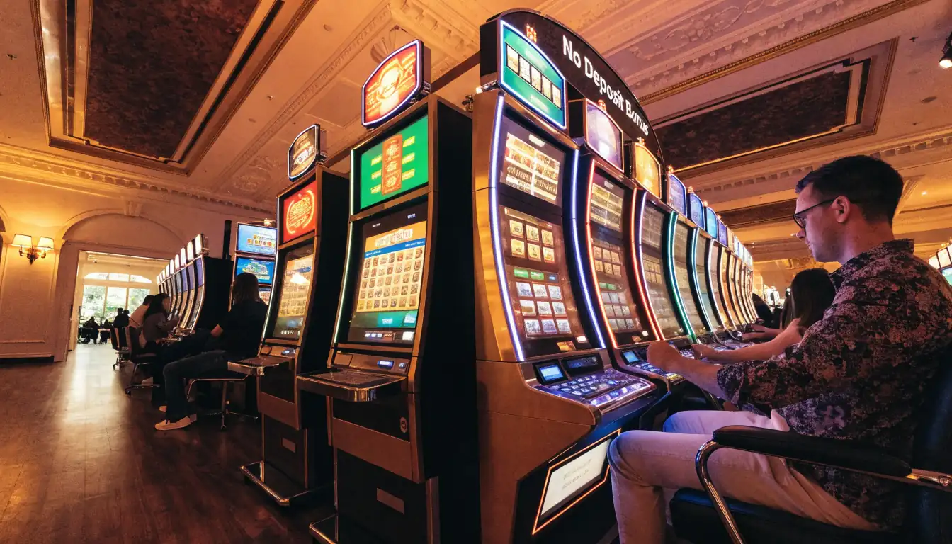 Casino floor with slot machines and no‑deposit bonus banner