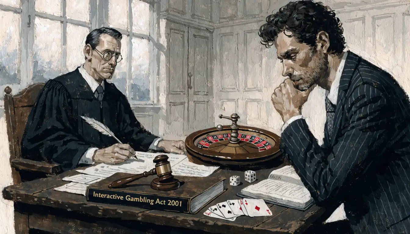Courtroom with casino items illustrating gambling law