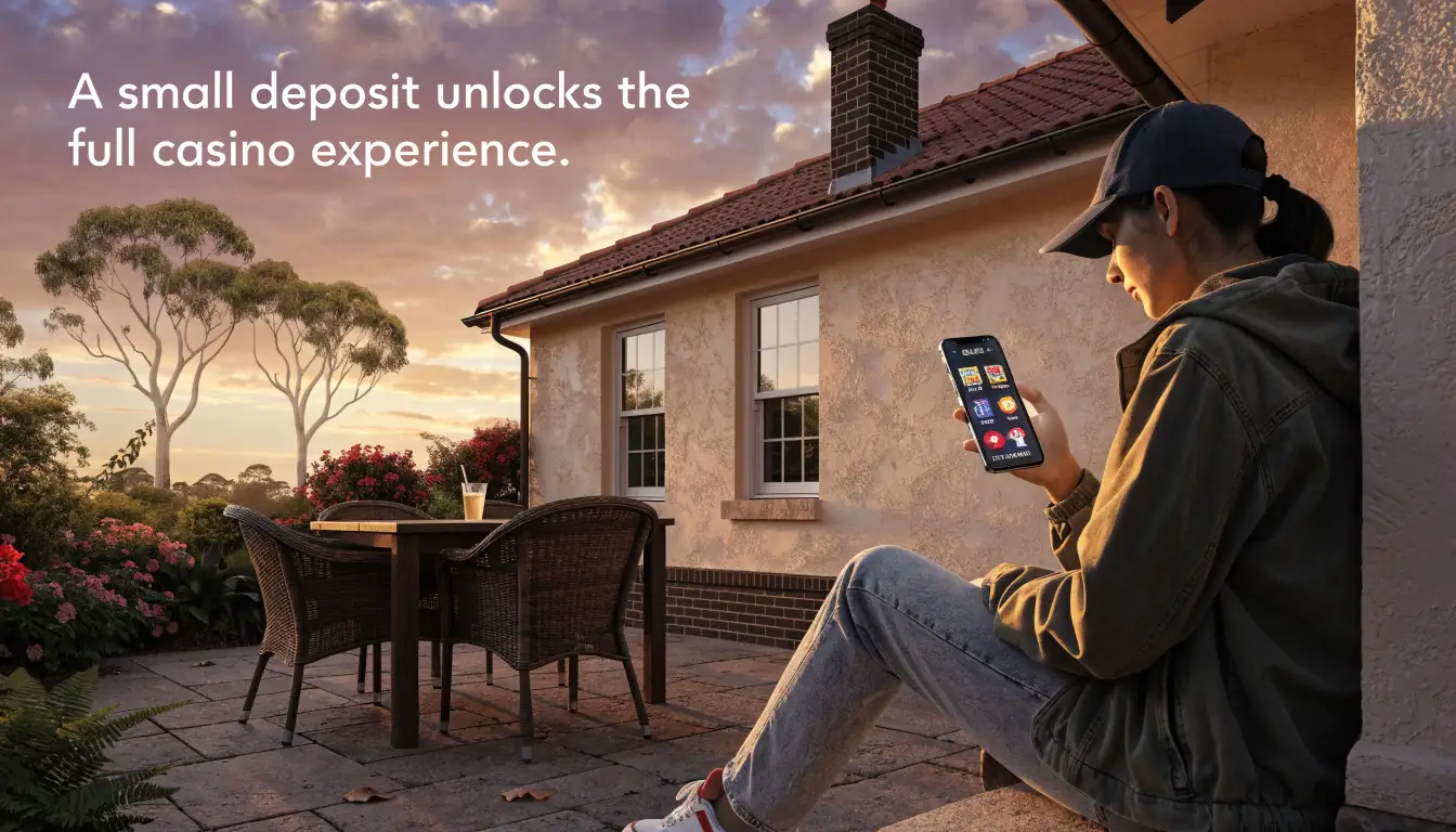 Smartphone with game icons in Australian backyard at dusk