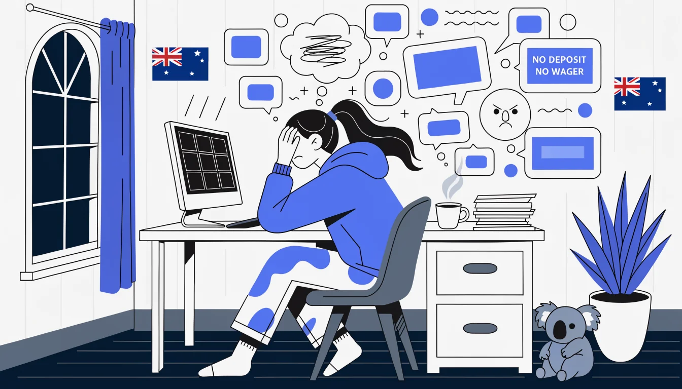Frustrated gamer in home office hunting genuine no‑deposit bonuses