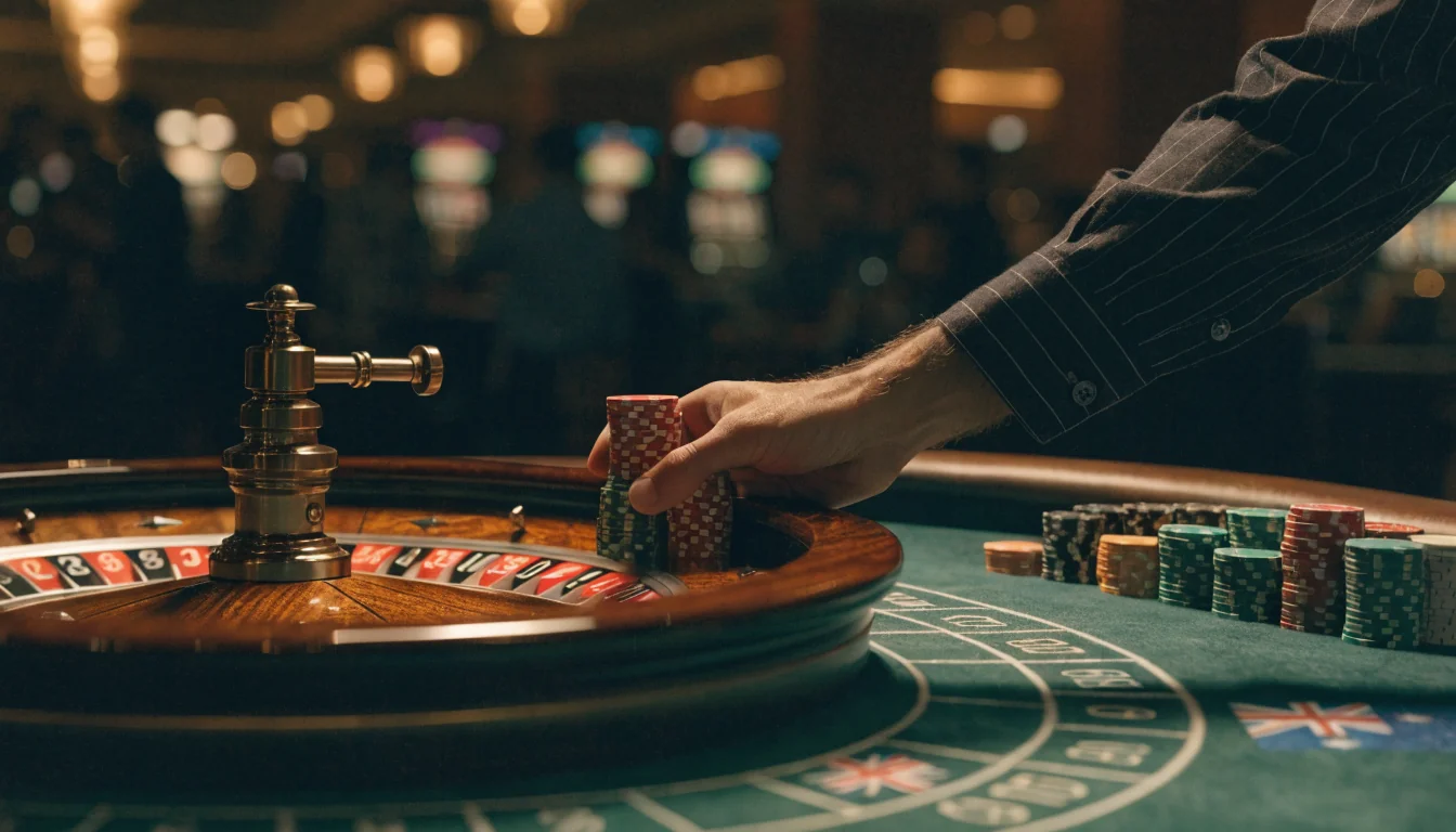 Hand betting on roulette wheel with Australian décor
