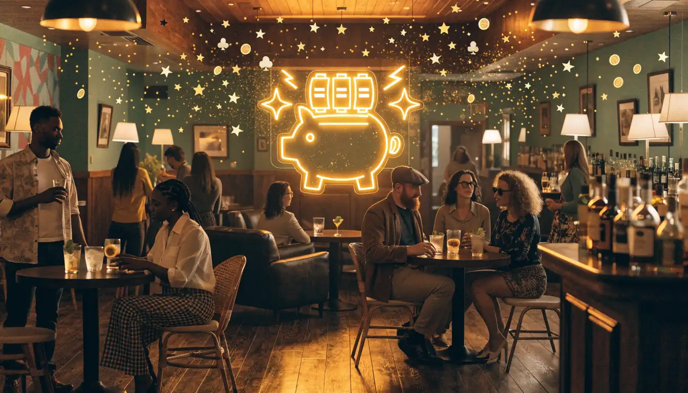 Casino lounge with neon piggy bank and free‑spin symbols
