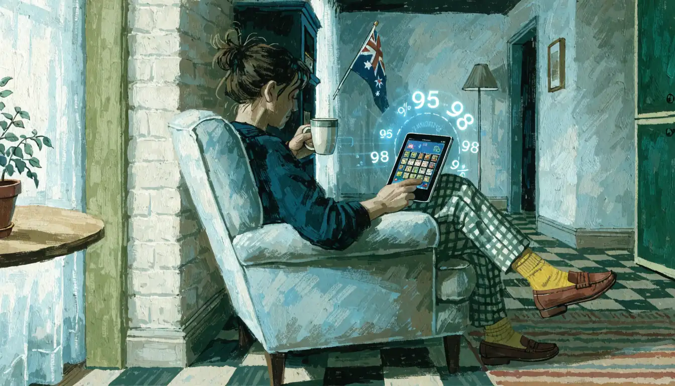 Player reviewing slot RTP rates on tablet in Australian home