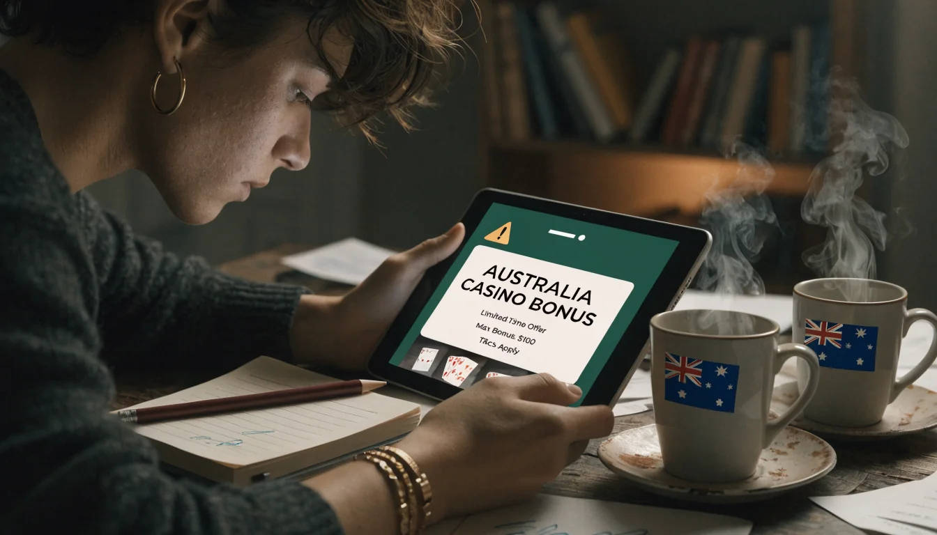 Person at desk with tablet showing casino bonus and warning sign
