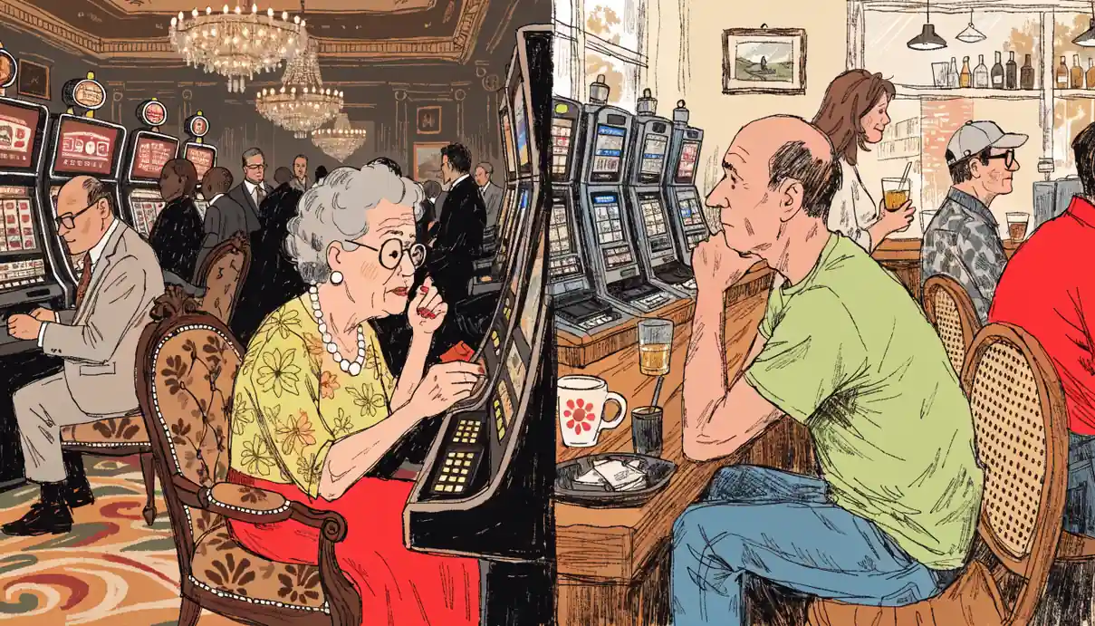 Split illustration of casino slots vs. pub pokies in Australia