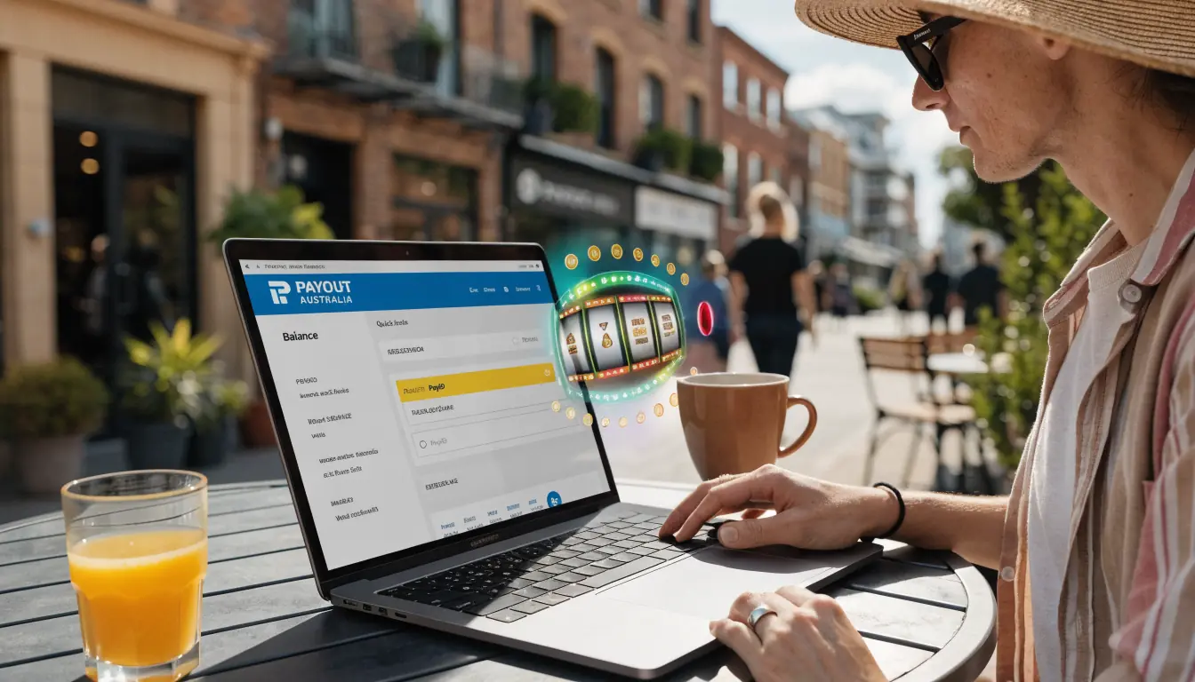 Café scene with laptop showing PayID deposit and holographic pokies