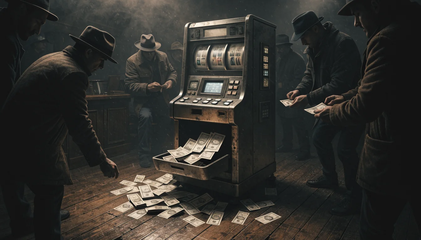Casino floor with pokies machine spilling cash