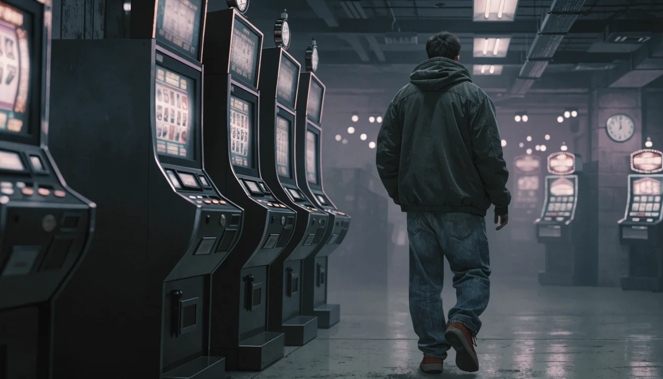 Person walking away from slot machines in a dim Australian casino