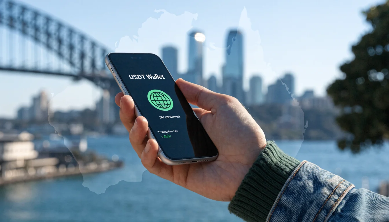 Hand holding phone with USDT wallet on Australian background