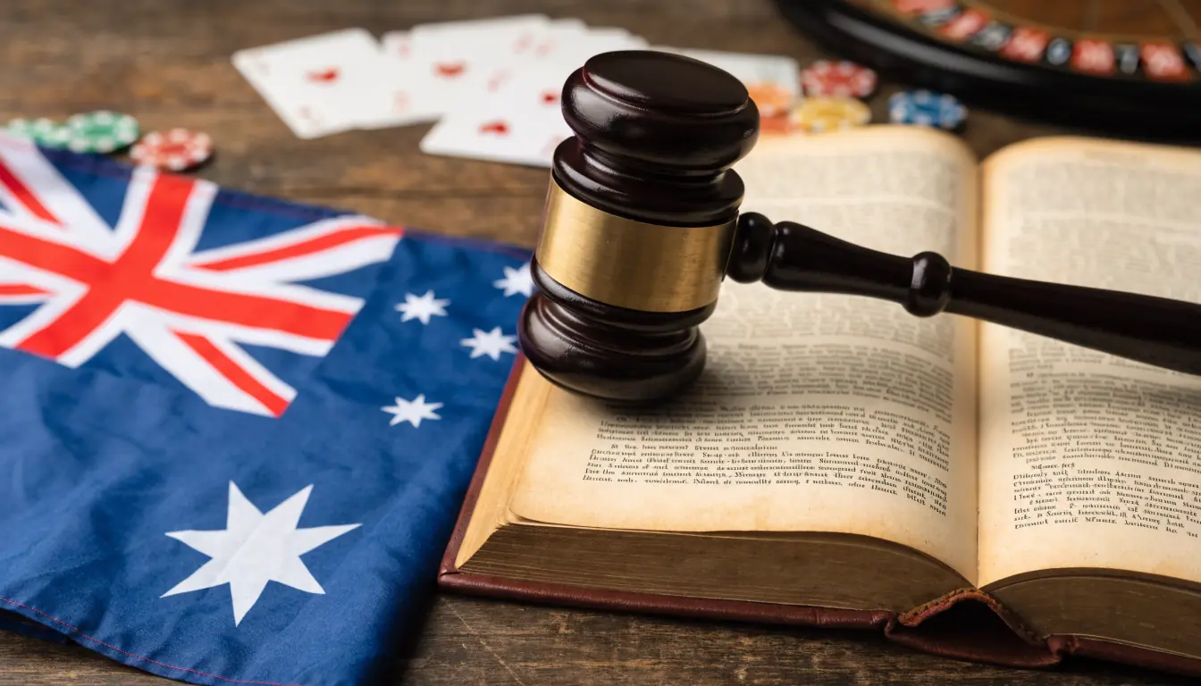 Gavel, legal book and Australian flag with blurred casino items