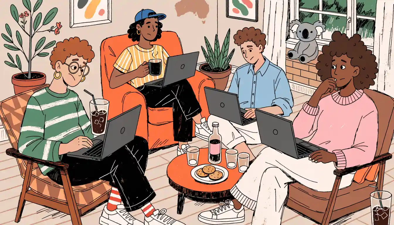 Friends in Aussie living room using laptops for casino games