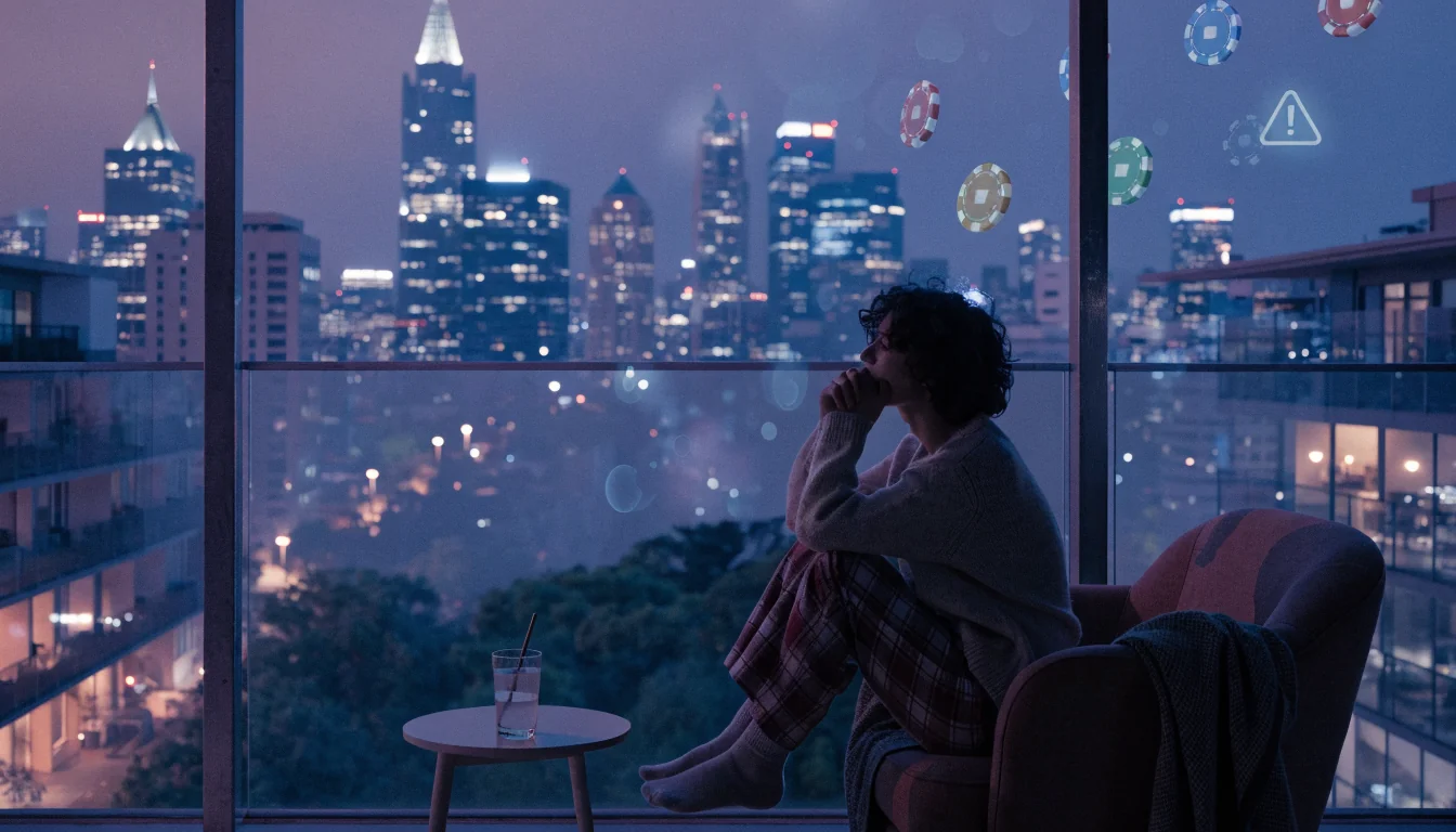 Person on balcony pondering gambling with holographic chips