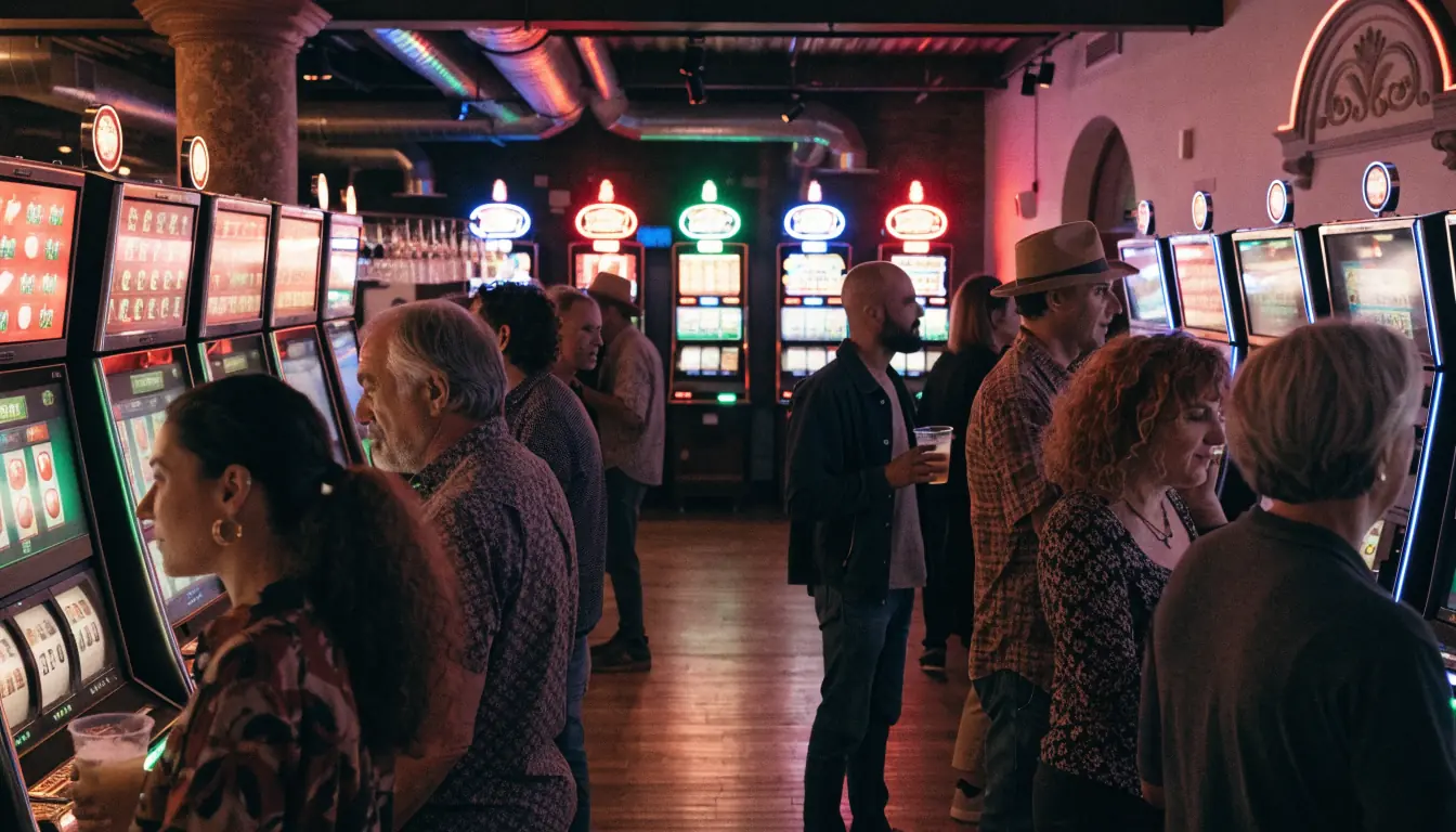 Crowded Australian pub interior filled with pokies machines