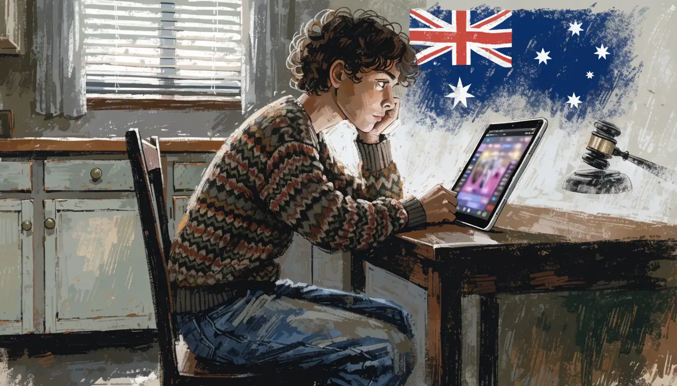 Person reviewing a casino app with Australian flag and gavel overlay