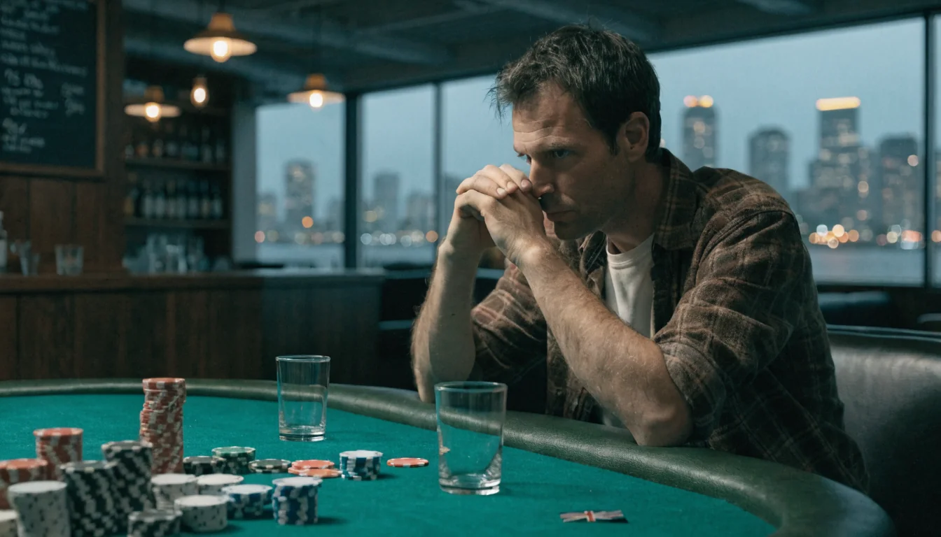 Weary gambler at a dim Australian bar table, empty glasses, scattered chips.