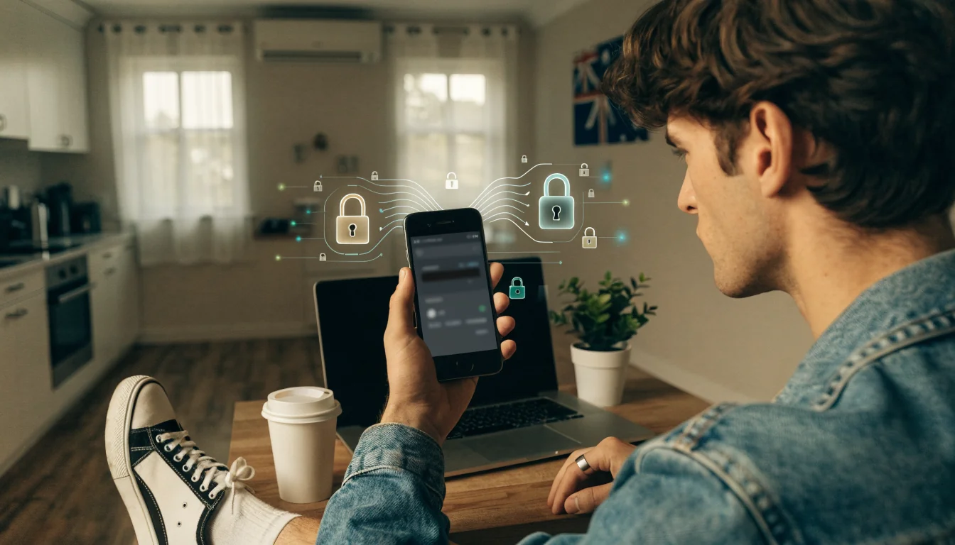 Person using smartphone with PayID and security icons