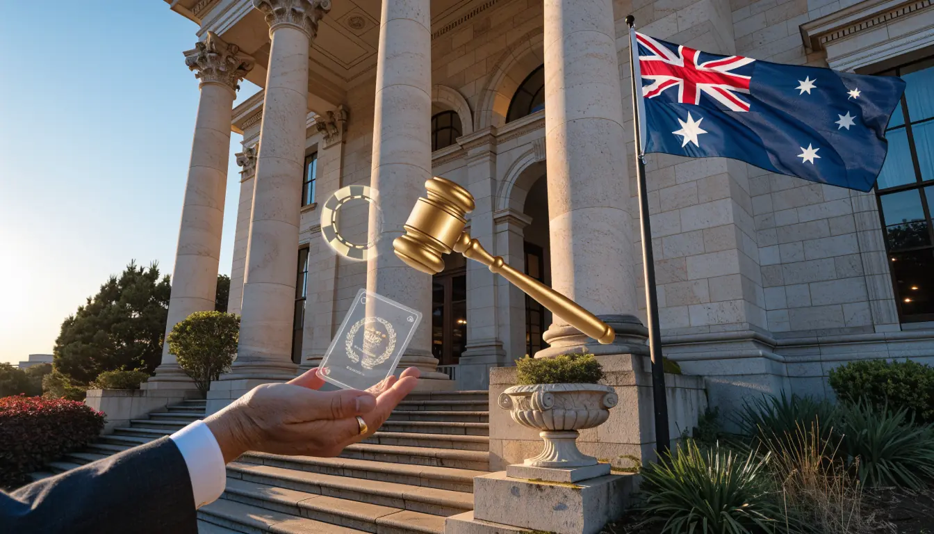 Courthouse with gavel, license document and casino chip
