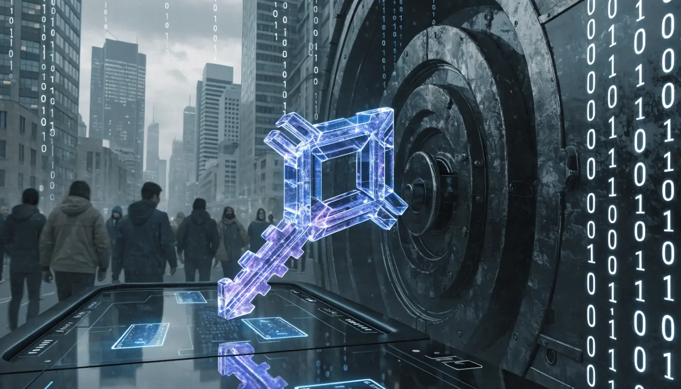 Glowing NFT crystal key unlocking casino vault