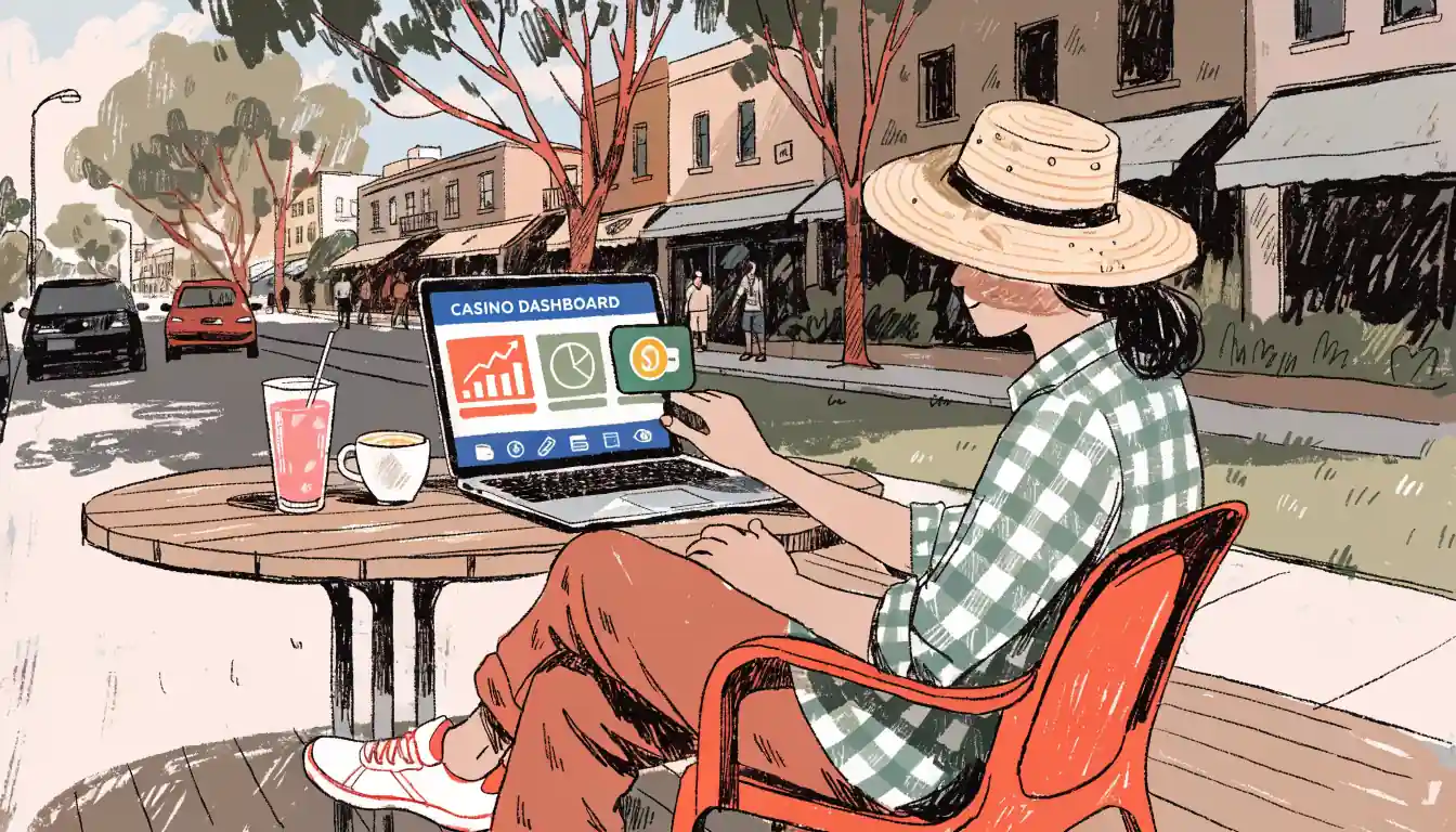 Player withdrawing casino winnings on laptop at Australian café
