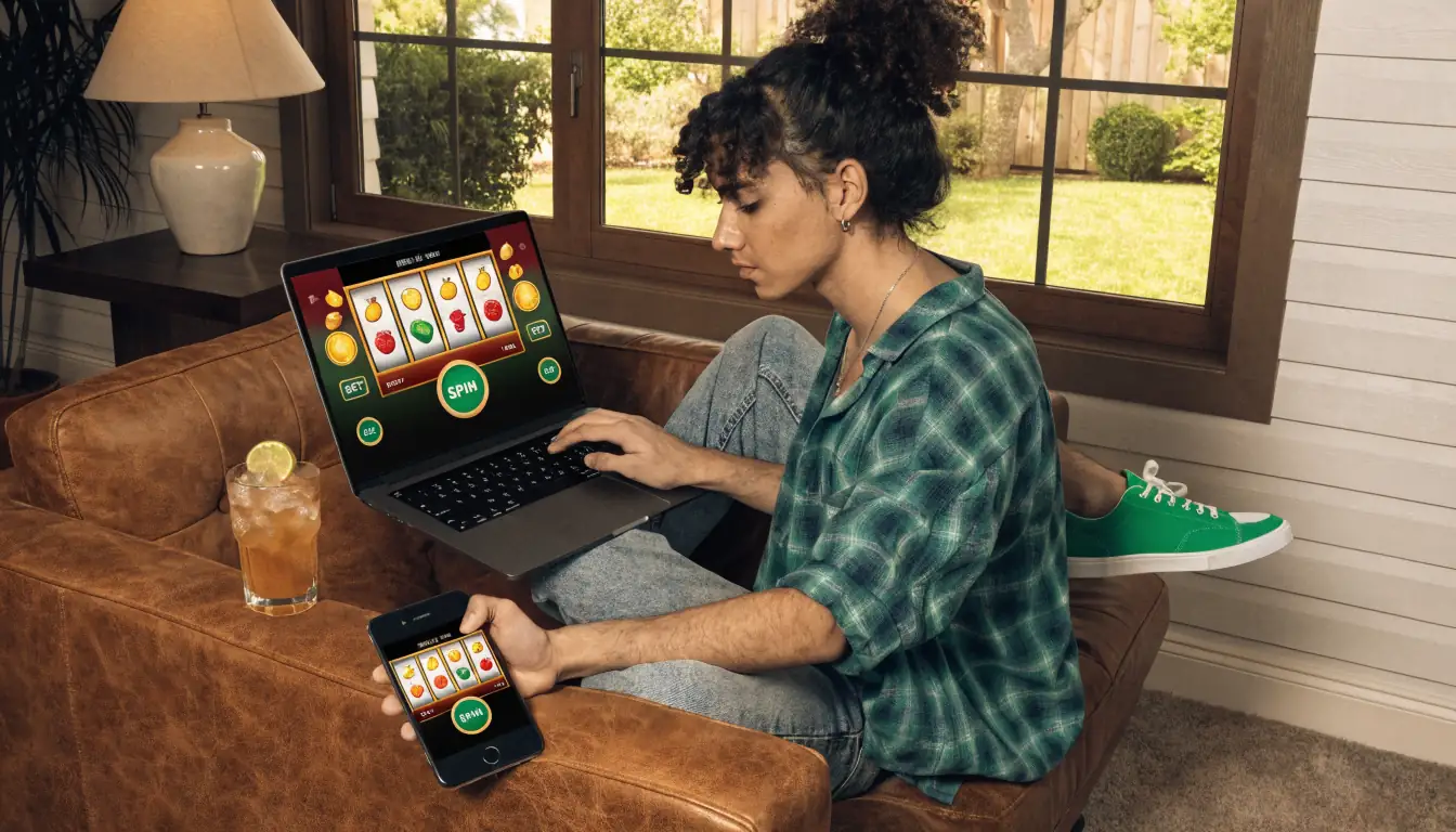 Side‑by‑side view of slot game on old phone and laptop in Australian home