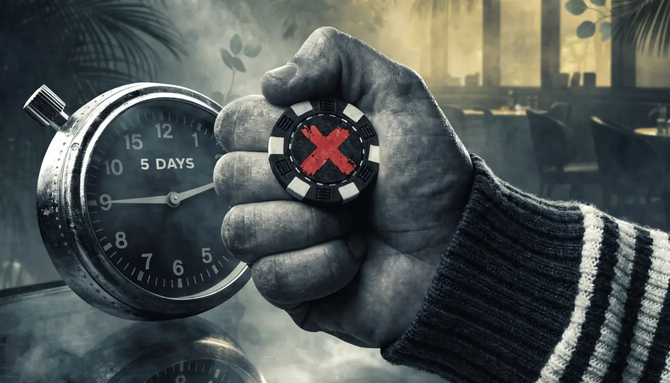 Player hand holding casino chip with red X and clock